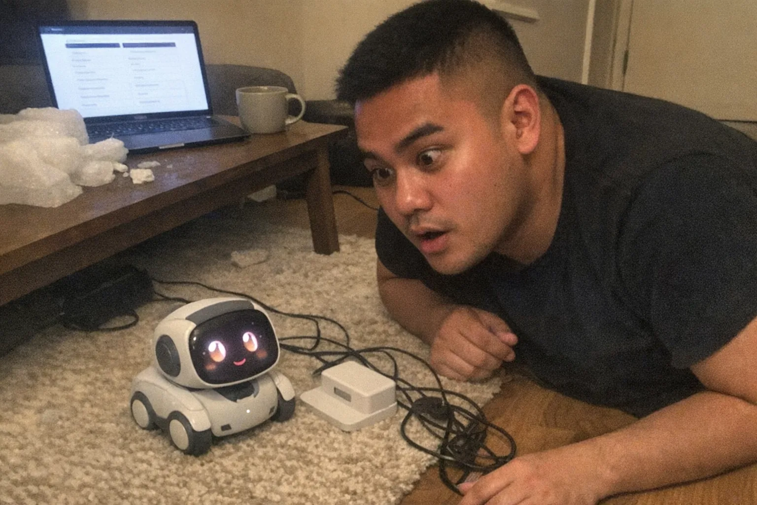 A candid iPhone snapshot in a small, slightly cluttered apartment living room at night, awkward framing and aggressively mediocre composition, slight motion blur and uneven warm lighting with visible phone noise/grain. Primary human: a male in his early 20s, Southeast Asian with warm medium skin tone, stocky build, close-cropped fade with dark hair, wearing a minimalist monochrome outfit (plain black tee and black pants). He’s crouched on the floor leaning in close with focused eyes and a surprised expression (wide eyes, slightly open mouth), looking at a small female robot pet on the rug. The female robot pet has a cute, rounded design with an expressive screen face and little wheels, sitting near a simple charging dock and a messy tangle of cables. In the background: a coffee table with a laptop open to a comparison chart (screen content not readable), a half-empty mug, and scattered packaging foam. No text, no captions, no watermarks, no logos, no brand names. Realistic, imperfect, unremarkable everyday photo aesthetic.