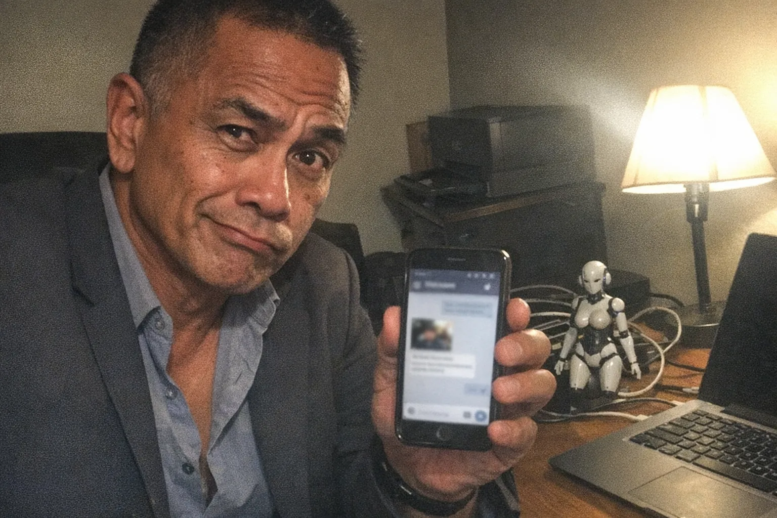 A candid iPhone snapshot in a dim home office at night: a Pacific Islander man in his early 50s with warm brown skin, lean runner build, dark buzz cut, wearing a blazer over an open-collar shirt, slouched slightly with faint under-eye circles, holding a phone and giving a skeptical raised eyebrow with a half-smirk. The phone screen shows a blurred chat interface with a small generic image thumbnail (no readable text). On the desk: a laptop, messy charging cables, a cheap desk lamp casting uneven light, and a small unbranded humanoid female robot figurine near the keyboard (non-explicit). Awkward framing, slight motion blur, mildly overexposed highlights from the lamp, visible grain/noise, aggressively mediocre composition, modern realistic photo, no logos, no captions, no watermarks.