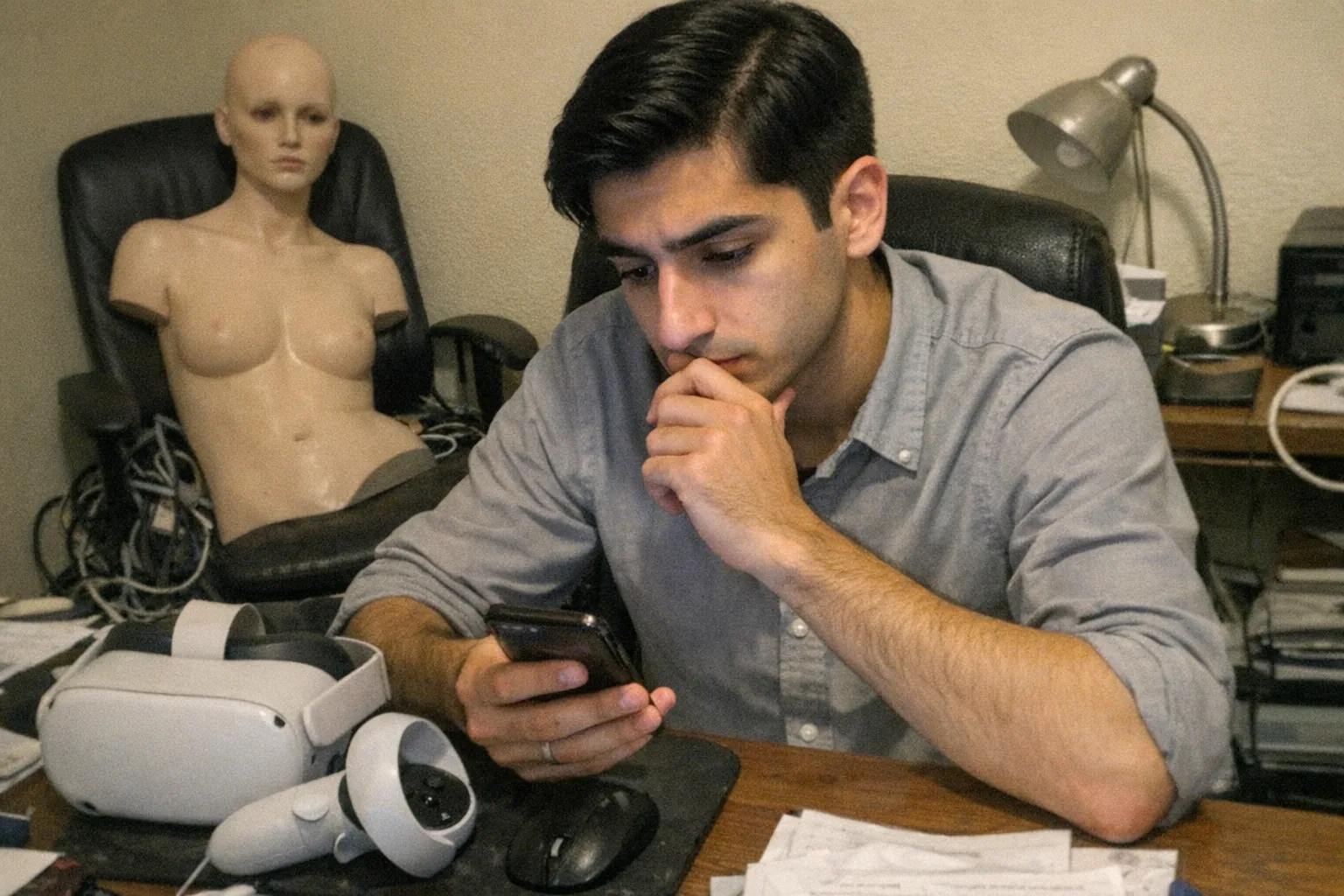 A candid iPhone snapshot in a cramped home office: a slim Middle Eastern man in his early 20s with olive skin, straight neat side-parted hair, wearing a business-casual button-down shirt with rolled sleeves, sitting at a messy desk with a generic VR headset and controllers. He looks thoughtful with one hand on his chin while also nervously fidgeting with the other hand, glancing at his phone as if checking prices. In the background, a slightly creepy, unremarkable female store mannequin torso leans against a chair near a tangle of cables and a cheap desk lamp. Awkward framing, aggressively mediocre composition, slight motion blur, mildly overexposed uneven lighting, visible natural noise/grain, no text, no logos, no brand names, realistic imperfect photo.