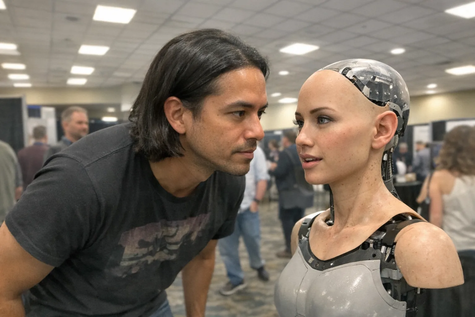 A candid iPhone snapshot in a busy conference hallway: a male in his mid 30s (mixed-race, medium skin tone, slim build) with shoulder-length straight hair tucked behind his ears, wearing a casual graphic tee and jeans, leaning in with focused eyes and a calm, curious expression toward a female-presenting humanoid robot head-and-torso on a stand. The robot has an expressive face and slightly uncanny silicone skin with visible seams and minor scuffs. Awkward framing (cut off at the elbow), slight motion blur from movement, mildly overexposed overhead fluorescent lighting with uneven shadows, natural phone noise/grain, aggressively mediocre composition. Background includes indistinct attendees and booths out of focus, no readable text, no logos, no brand names, modern realistic look, non-explicit.