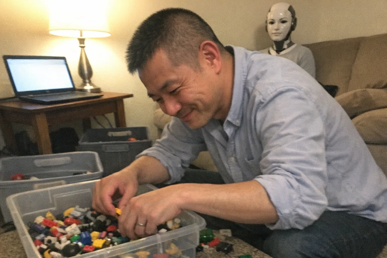 Realistic iPhone snapshot in a small, slightly cluttered home office/living-room corner, aggressively mediocre composition with awkward framing and slight motion blur, mildly overexposed uneven lamp lighting, visible natural noise/grain. Primary subject: a late-40s East Asian man with light skin tone, tall and lanky build, close-cropped fade dark hair, wearing a business-casual button-down shirt with rolled sleeves; he’s leaning in with focused eyes and an amused small grin (eyes slightly crinkling) while counting items from a plastic storage bin of assorted kid toys on the floor. On a nearby couch in the background sits a female humanoid robot (clearly robot-like but non-threatening, fully clothed, neutral expression) as if observing the organizing process. A laptop on a side table is open but the screen is unreadable/blank; a few generic storage bins and scattered toy pieces are visible. No text, no captions, no watermarks, no logos, no brand names. Candid phone-photo vibe, everyday setting, non-explicit.