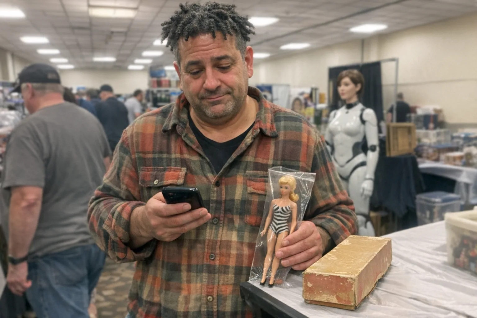 A realistic iPhone snapshot in a crowded antique toy fair aisle: a stocky white man in his late 40s with olive skin and coily hair in twists, wearing a slightly worn flannel shirt, looking tired (faint under-eye circles, slouched posture) and awkward (hesitant smile), impatiently tapping his foot while checking his phone. He’s holding a vintage-looking Barbie doll in a small clear bag next to a worn cardboard doll box on a folding table. The scene has awkward framing, slight motion blur, mildly overexposed fluorescent lighting, uneven shadows, natural phone noise/grain, aggressively mediocre composition. In the background, slightly out of focus, a female humanoid robot demonstration mannequin stands near a booth (no logos), adding a subtle tech vibe. No text, no captions, no watermarks, no brand names, modern candid photo feel, plausible and non-explicit.