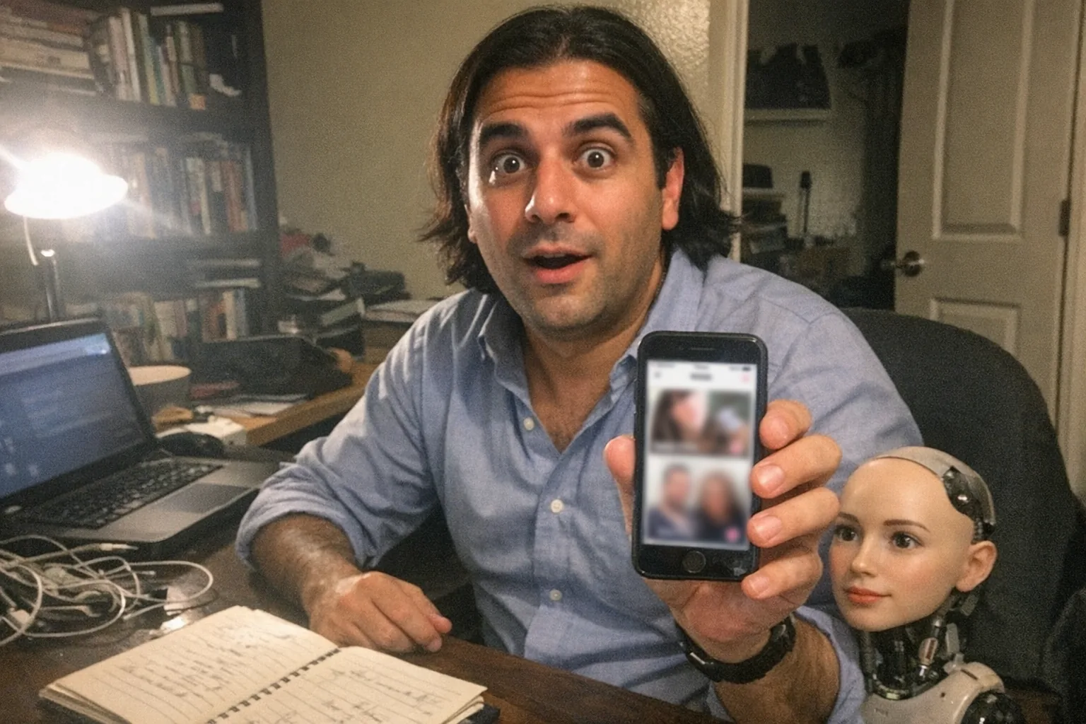 A candid iPhone snapshot in a small home office at night, aggressively mediocre composition with awkward framing and slight motion blur. Primary subject: a mid-30s Middle Eastern man with olive skin, stocky build, shoulder-length straight hair tucked behind his ears, wearing a business-casual button-down shirt with rolled sleeves; he looks surprised (wide eyes, slightly open mouth) but confident (upright posture, relaxed shoulders) while holding a smartphone showing a blurred dating app interface (no readable text). On the desk: a messy notebook, tangled charging cables, a laptop with a dim screen, and a small female humanoid robot head prototype sitting off to the side like a tech gadget (non-explicit, realistic). Lighting is uneven and mildly overexposed from a desk lamp, with natural grain/noise. Background includes a cluttered bookshelf and a half-open door, modern everyday setting, no logos, no watermarks, no on-image text.