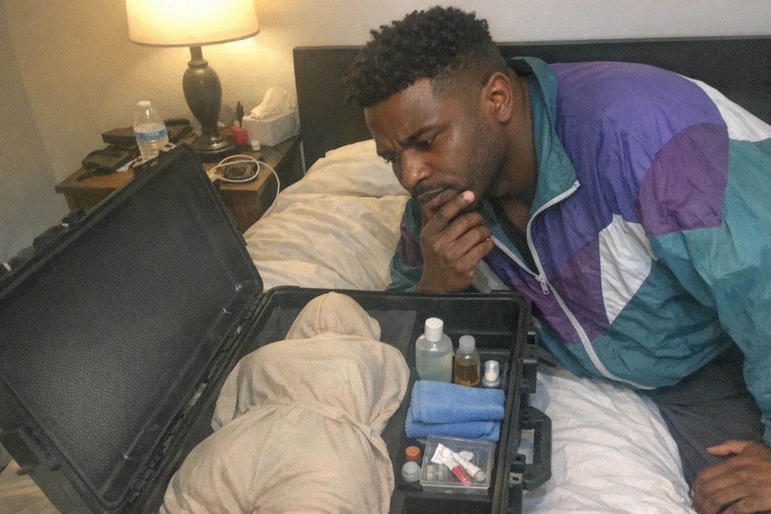 A candid iPhone snapshot in a small modern apartment bedroom, aggressively mediocre composition with awkward framing and slight motion blur. A Black man in his early 30s with dark brown skin, athletic broad-shouldered build, short tight curly hair, wearing a retro vintage windbreaker, is leaning in curiously over an open storage case on the bed; he looks thoughtful with one hand on his chin and focused eyes. Inside the case is a non-explicit, fully covered silicone doll shape in a plain cloth garment bag, alongside a couple of unbranded cleaning supplies, microfiber towels, and a small repair kit. Uneven, mildly overexposed lamp lighting with natural phone noise/grain; cluttered nightstand and charger cables visible. No text, no logos, no watermarks.