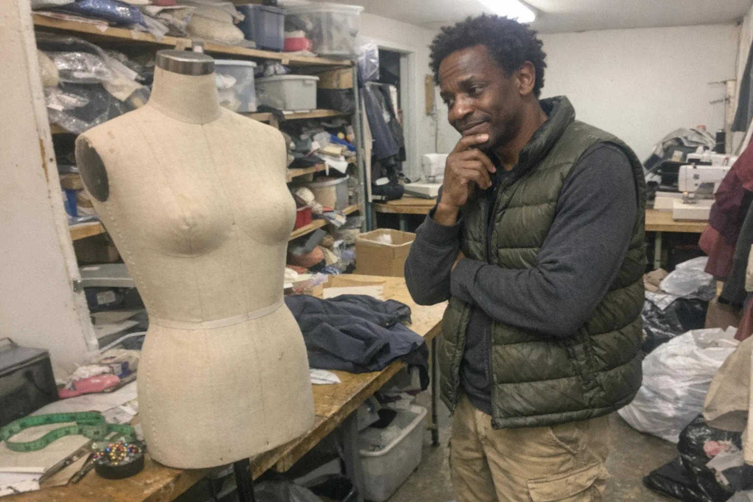 A casual iPhone snapshot in a cramped thrift-store backroom that doubles as a sewing workspace: a female torso dress form (plain beige fabric cover, slightly scuffed, on a black metal stand) near a cluttered table with measuring tape, pins, and a half-folded jacket. Primary human: a slim Black man in his mid-40s with dark brown skin and coily hair in a short afro, wearing an outdoorsy puffer vest and hiking shoes. He looks thoughtful with one hand on his chin, awkward uncertain posture and a hesitant smile while staring at the dress form like he’s trying to understand it. Slight motion blur, mildly overexposed uneven fluorescent lighting, natural phone noise/grain, awkward framing with cut-off edges, aggressively mediocre composition. Modern, realistic, unpolished, non-explicit. No text, no logos, no watermarks.