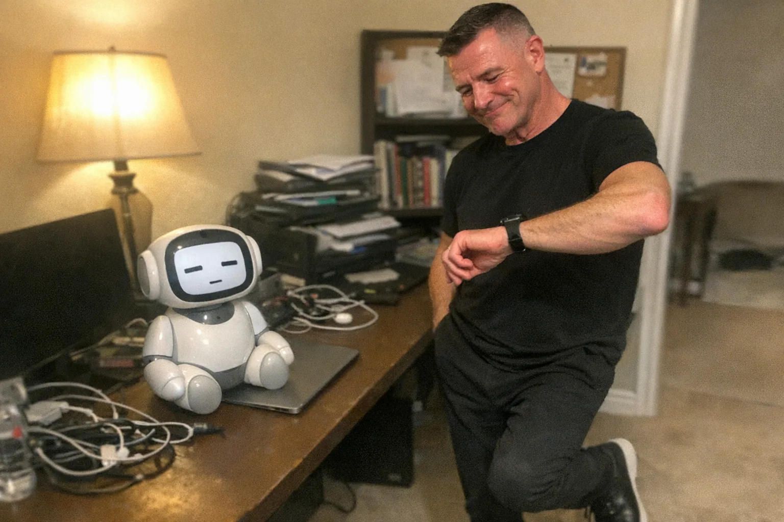 Realistic iPhone snapshot in a cluttered home office: a white male in his early 60s with fair skin and a muscular (not bodybuilder) build stands beside a desk, wearing a minimalist monochrome outfit with clean lines. He has a close-cropped fade with dark hair, tapping one foot impatiently while checking his phone/watch, but with a small amused grin and slightly crinkled eyes. On the desk is a small, friendly-looking female social robot (white plastic body, rounded features, expressive face screen) sitting idle next to scattered cables and a laptop. The robot looks like it’s waiting to connect, with a blank or error-like face (no readable text). Awkward framing (half the desk cut off), slight motion blur, mildly overexposed lamp lighting with uneven shadows, natural phone noise/grain, aggressively mediocre composition. Modern, plausible, non-explicit scene; no logos, no brand names, no text, no watermarks.