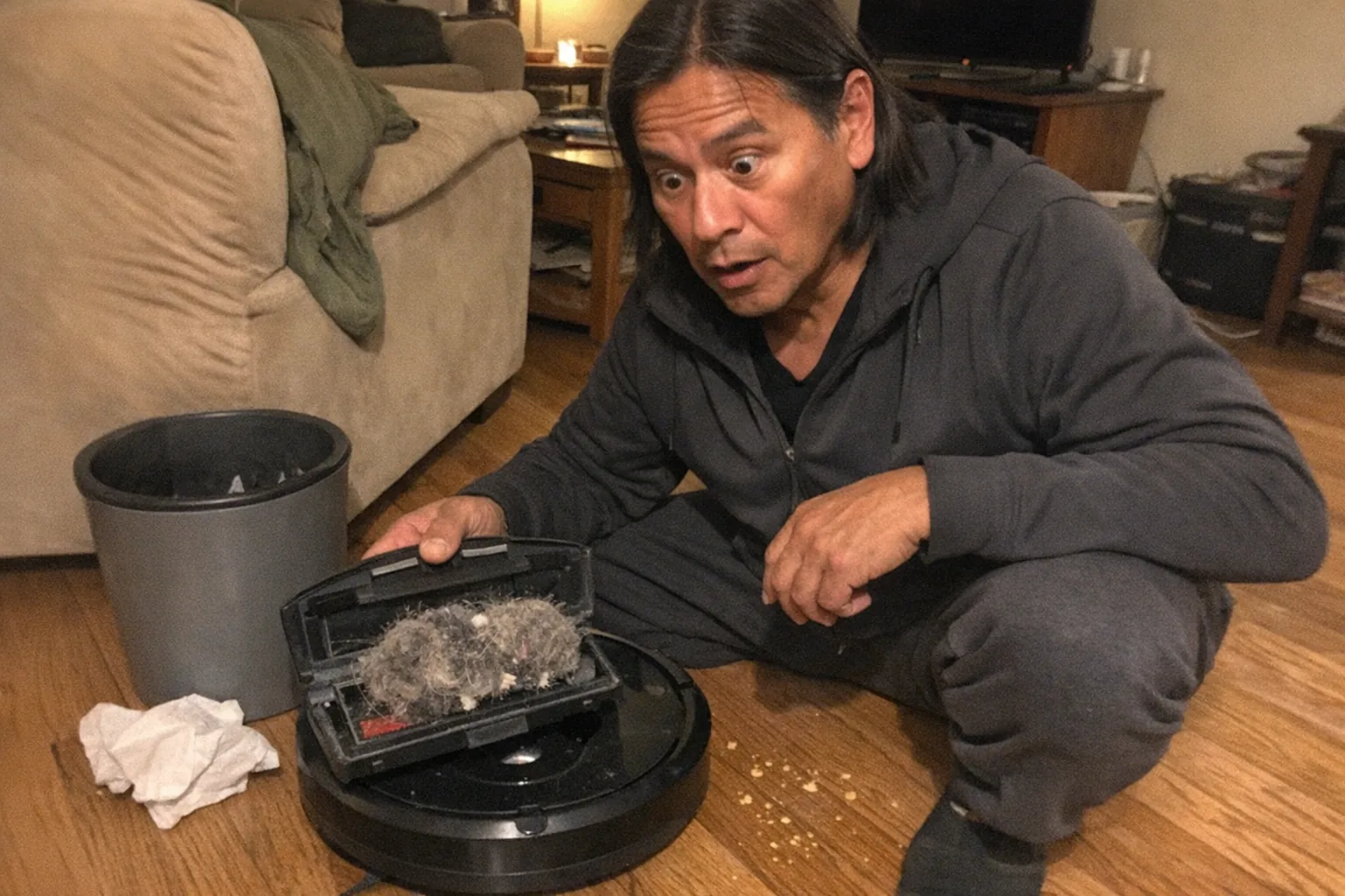 Realistic iPhone snapshot in a slightly cluttered apartment living room with uneven warm lamp lighting, mildly overexposed highlights and visible noise/grain, awkward framing and slight motion blur. A male in his late 40s with an Indigenous warm tan skin tone and a muscular (not bodybuilder) build is crouched on the floor next to a robot vacuum with its dustbin popped open, showing a messy clump of lint and hair. He has shoulder-length straight hair tucked behind his ears, wearing athleisure (zip-up jacket and joggers). His posture is tired and slouched with faint under-eye circles, but his face shows surprise (wide eyes, slightly open mouth) as he looks at the debris. Nearby: a small trash can, a folded paper towel, and scattered crumbs on hardwood. No text, no logos, no brand names; aggressively mediocre composition, candid everyday feel.