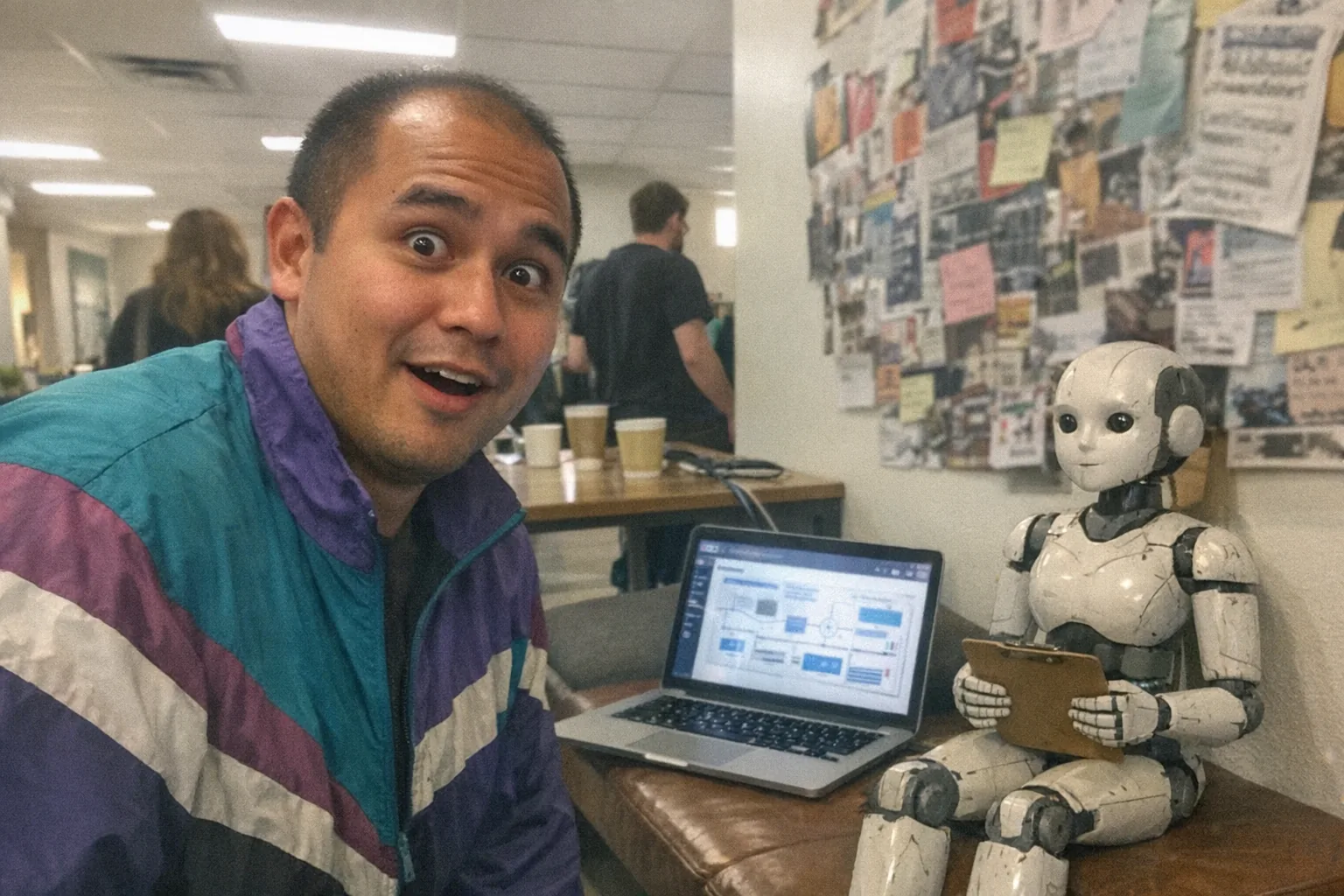 A candid iPhone snapshot in a modern coworking space hallway outside a small conference room, awkward framing and aggressively mediocre composition, slight motion blur and mild overexposure from fluorescent ceiling lights, natural phone noise/grain. Primary subject: a male in his late 20s with warm tan Indigenous skin tone, average build, thinning hairline kept short, wearing a retro vintage windbreaker; he has wide eyes and slightly open mouth (surprised), an uncertain posture with a hesitant smile but also upright relaxed shoulders (awkward yet confident). He’s looking at a laptop on a bench showing an AI workflow dashboard (no readable text), while beside it sits a small, unremarkable female-presenting humanoid robot assistant with visible joints and scuffed plastic, holding a clipboard. Background includes a few other coworkers (do not match the primary subject’s exact traits) walking by, coffee cups, cables, and a messy poster-covered wall with no legible text. Realistic, unpolished, everyday scene; no logos, no brand names, no watermarks.