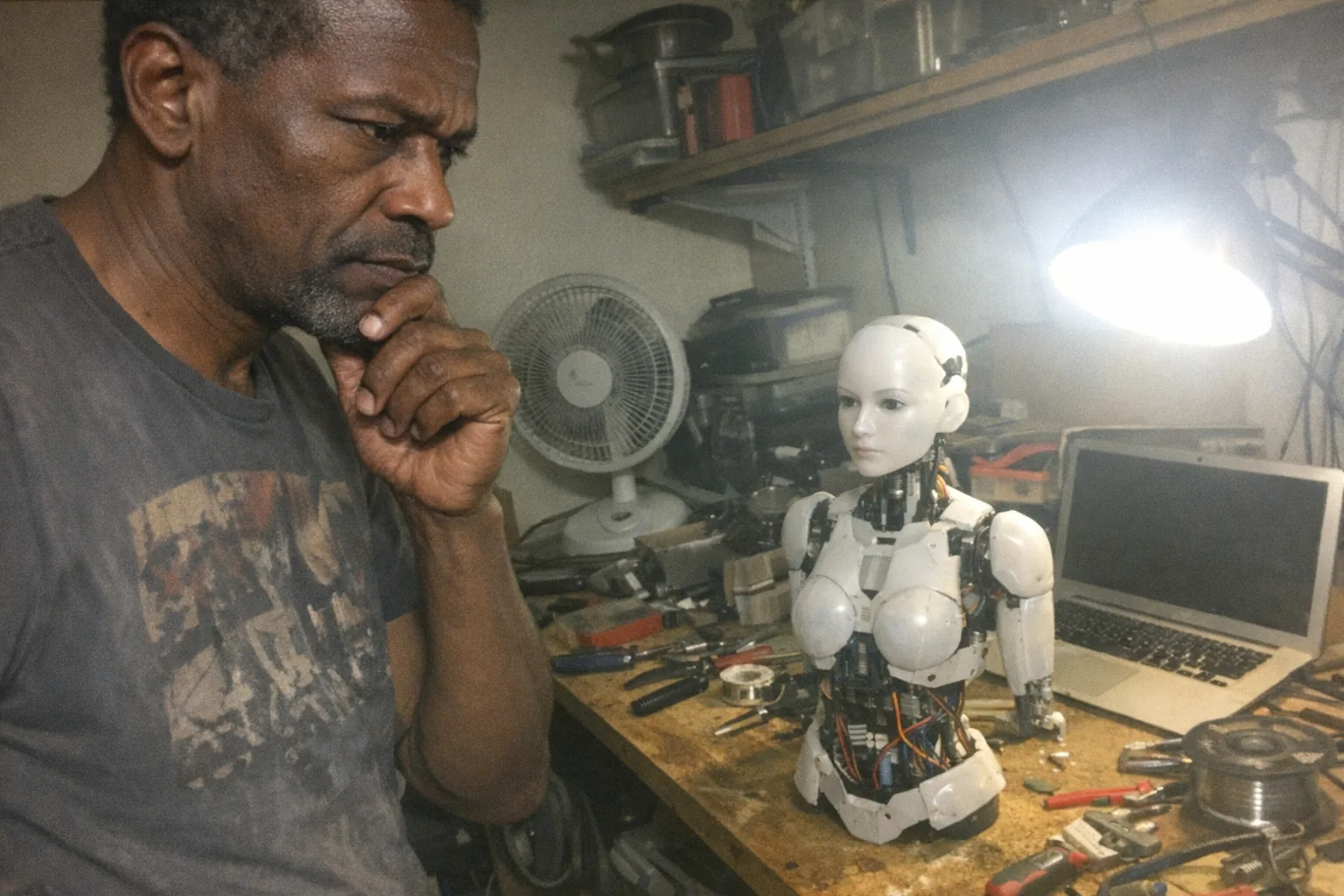 A candid iPhone snapshot in a cluttered home office workshop: a tall, lanky Black man in his early 50s with dark brown skin, short tight-curly hair, wearing a casual graphic tee and jeans, stands beside a messy workbench. He looks thoughtful and determined (set jaw, hand on chin, intent gaze) while examining a small, human-like female robot torso prototype with exposed wiring and plastic panels (non-explicit, no nudity). The robot is unremarkable and slightly scuffed, like a real prototype. Awkward framing with the man partially cut off at the shoulder, slight motion blur from handheld capture, mildly overexposed desk lamp creating uneven lighting, visible noise/grain, aggressively mediocre composition. Background includes scattered tools, a laptop with a blank dark screen, and a cheap oscillating fan. No text, no logos, no brand names, modern realistic photo.