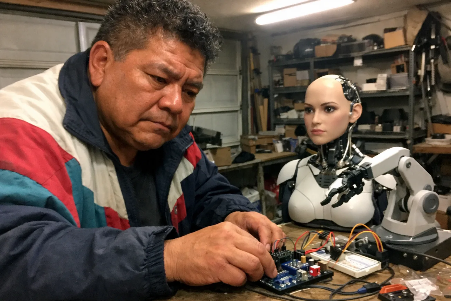 A candid iPhone snapshot in a cluttered garage workshop: a late-50s Indigenous man with warm tan skin, stocky build, short tight curly hair, wearing a retro vintage windbreaker, looking determined with a set jaw and intent gaze but also tired (slouched posture, faint under-eye circles). He’s adjusting a small tabletop robotics setup on a messy workbench—wires, a microcontroller, and a female-presenting humanoid robot head/upper torso prototype beside a simple robotic arm. Awkward framing with the man partly cut off at the shoulder, slight motion blur from movement, mildly overexposed overhead light, uneven shadows, natural phone noise/grain, aggressively mediocre composition. Modern, realistic, unremarkable environment; no text, no logos, no brand names, non-explicit.