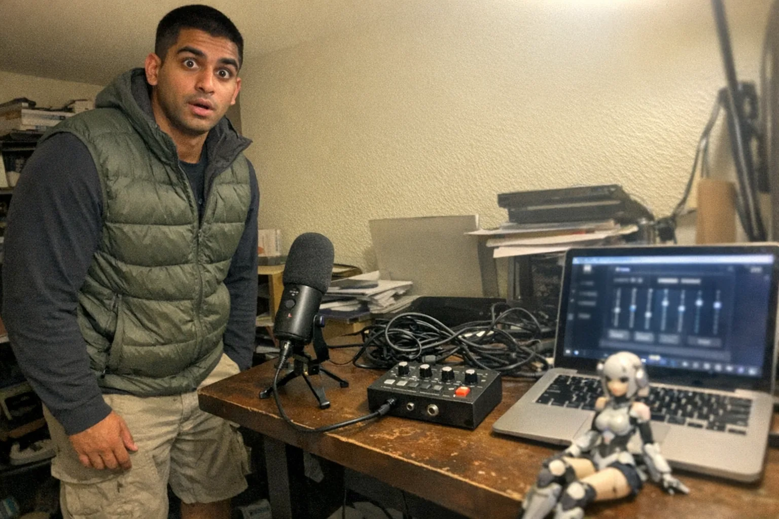 A candid iPhone snapshot in a cluttered home office: a South Asian man in his early 20s with brown skin, athletic broad-shouldered build, dark buzz cut, wearing an outdoorsy puffer vest and hiking shoes, standing by a desk with awkward framing. His expression shows surprised wide eyes and slightly open mouth, faint under-eye circles, and a posture that’s upright yet subtly slouched from fatigue with relaxed shoulders (confident but tired). On the desk: a cheap USB microphone on a small stand, tangled audio cables, and a small tabletop vocal effects box with knobs (generic, no brand), plus a laptop showing a generic voice changer interface (no readable text). A small female-looking humanoid robot figurine sits near the keyboard, slightly out of focus. Slight motion blur, mildly overexposed uneven lamp lighting, visible grain/noise, aggressively mediocre composition, realistic imperfect modern photo, no logos, no watermarks, no text.