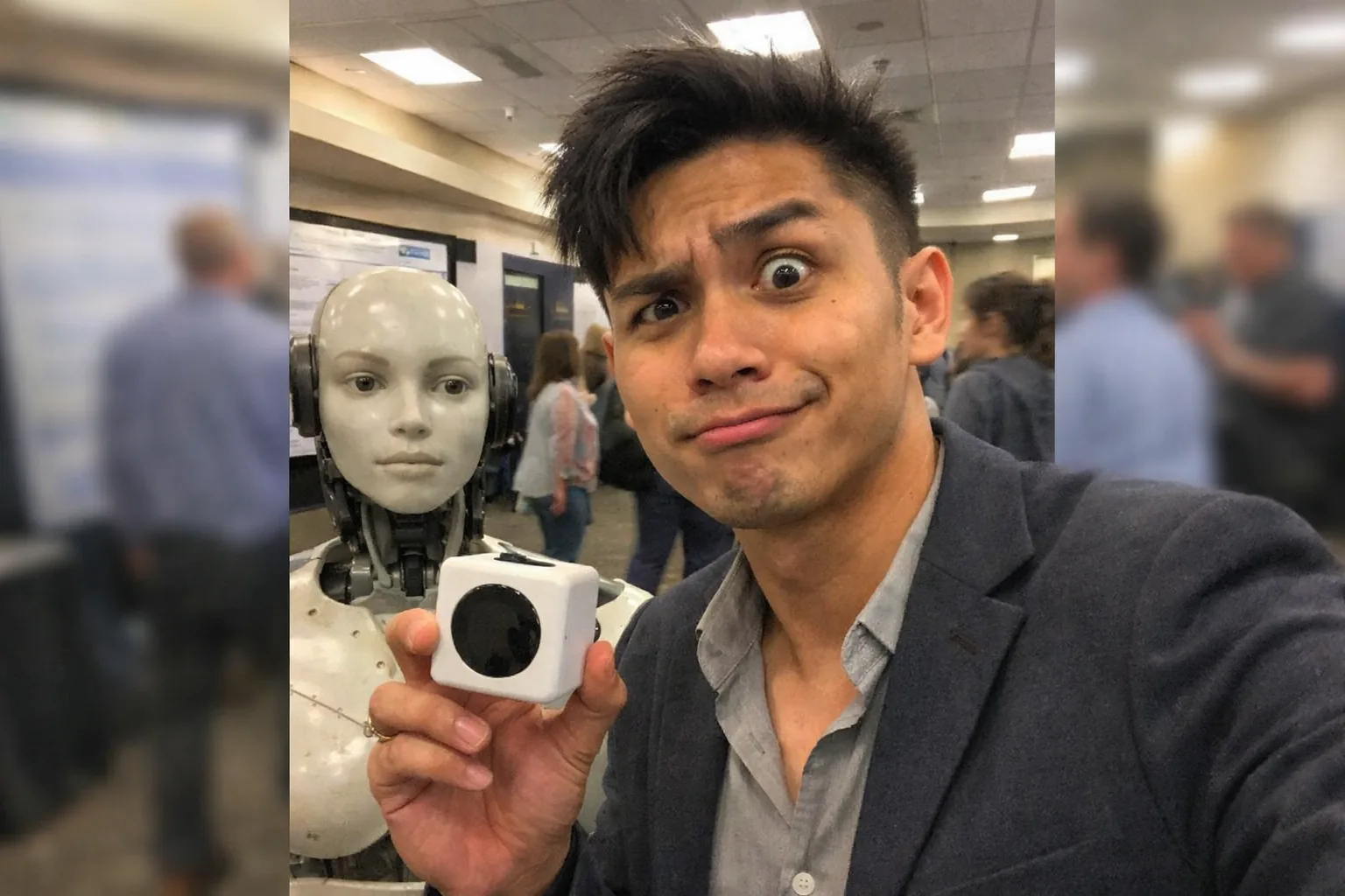 A realistic iPhone snapshot in a conference hallway: a slim Southeast Asian man in his mid-20s with warm medium skin tone, undercut with textured top, wearing a blazer with an open-collar shirt, slouched posture with faint under-eye circles, making a skeptical raised eyebrow half-smirk but also wide-eyed surprised expression. He’s holding a small consumer AI device prototype while standing next to an unremarkable female humanoid robot demo unit (clearly robotic but not futuristic, slightly scuffed casing). Candid, awkward framing, slight motion blur, mildly overexposed overhead lighting, natural noise/grain, aggressively mediocre composition. Background shows generic conference posters and people blurred out, no readable text, no logos, no brand names.