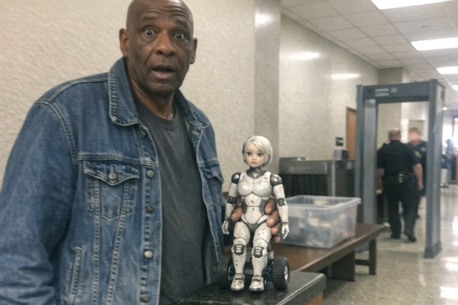 A candid iPhone snapshot in a courthouse hallway where a tall, lanky Black man in his early 60s (medium brown skin), shaved head, wearing workwear (denim jacket over a plain tee) stands beside a security bench holding a small wheeled female humanoid robot that looks slightly scuffed and consumer-grade; the man has a surprised expression (wide eyes, slightly open mouth) but calm posture; a blurry “evidence” style plastic bin (no readable text) and a metal detector are visible in the background; awkward framing with the man partly cropped, slight motion blur, mildly overexposed fluorescent lighting, natural phone noise/grain, aggressively mediocre composition, realistic unremarkable photo, modern setting, no logos, no watermarks, no captions.
