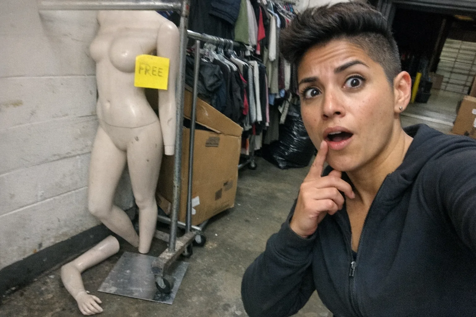 Realistic iPhone snapshot in a dim thrift-store back room near a loading dock: a slightly scuffed full-body mannequin leaning against a battered rolling rack, its detached arm on the floor next to a scratched metal base. A late-30s Latina with tan skin and a lean runner build stands in the foreground wearing athleisure (plain zip-up jacket and joggers), undercut with textured top, making a thoughtful hand-on-chin pose but also looking surprised (wide eyes, slightly open mouth) as she notices the mannequin is marked down to free (no readable text). Awkward framing with the mannequin half-cropped, slight motion blur, mildly overexposed overhead fluorescent lighting, natural phone noise/grain, aggressively mediocre composition, modern candid photo vibe. No logos, no watermarks, no captions.