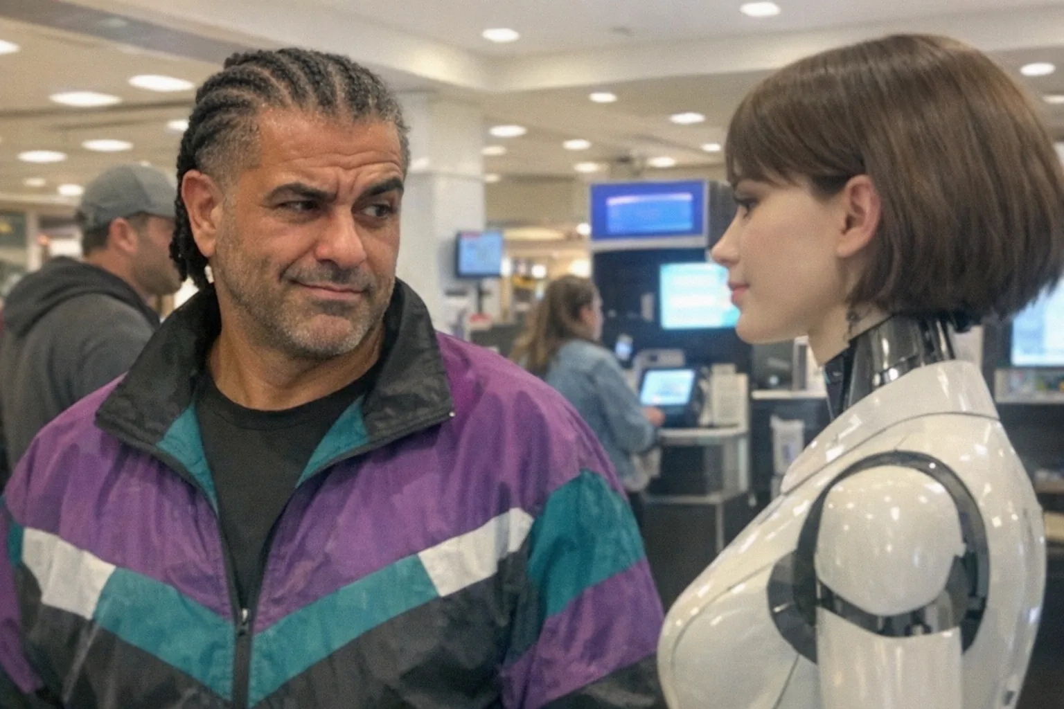 A candid iPhone snapshot in a busy mall corridor near a self-checkout area and a small tech demo kiosk, awkward framing and slightly motion-blurred, mildly overexposed overhead lighting with natural phone noise/grain and aggressively mediocre composition. Primary subject: a confident yet skeptical, determined-looking man in his early 50s (Middle Eastern, olive skin, muscular build not bodybuilder) with coily hair in braids/cornrows, wearing a retro vintage windbreaker, raised eyebrow and half-smirk with an intent gaze, standing upright with relaxed shoulders while looking at a female humanoid service robot at the kiosk (clearly robotic but realistic, non-explicit, fully clothed, ordinary design). Background includes a couple of other shoppers who do NOT match the primary subject’s exact appearance, plus generic screens and devices with no readable text, no logos, no brand names, no watermarks.