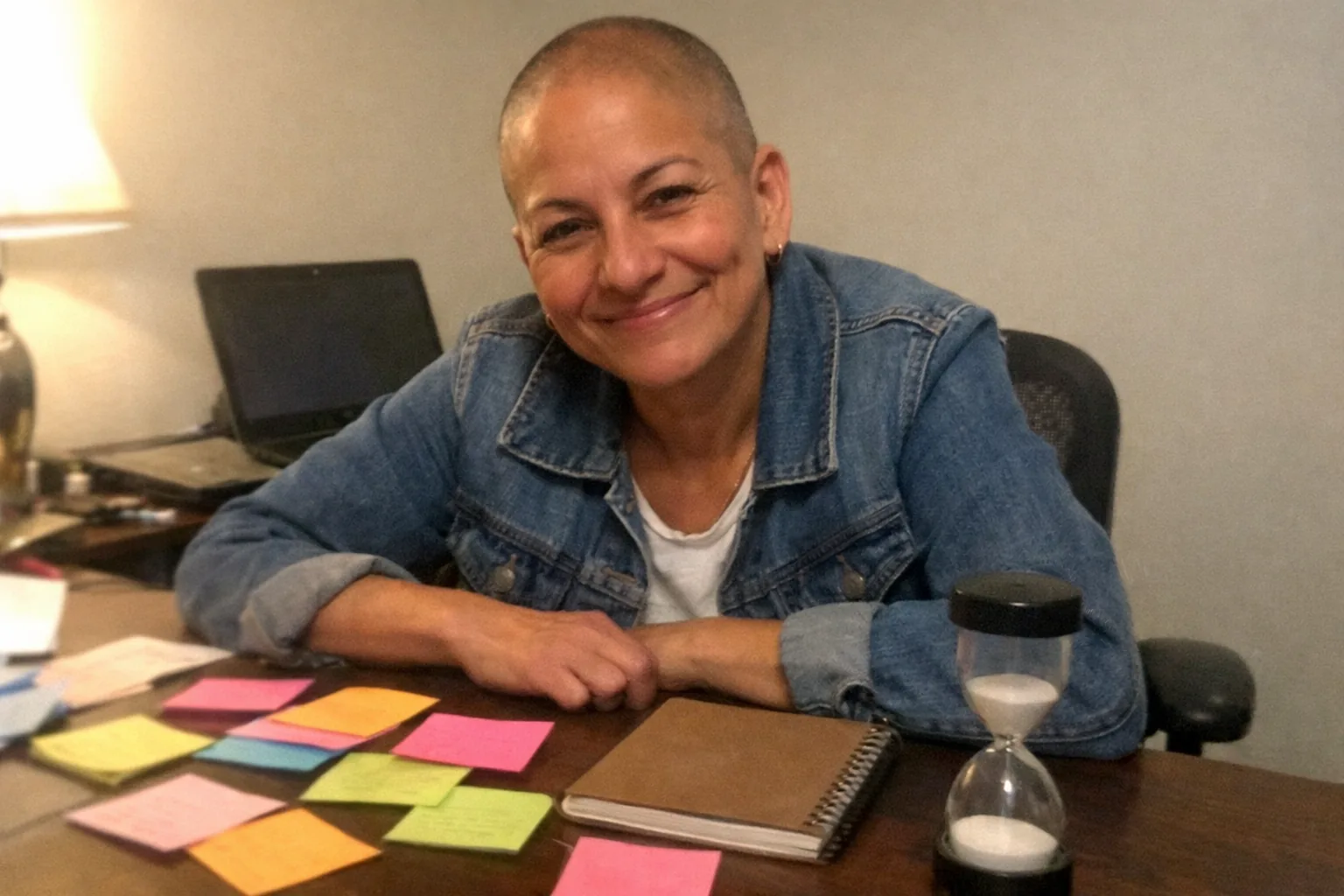 A realistic iPhone snapshot in a slightly cluttered home office, aggressively mediocre composition with awkward framing and slight motion blur, mildly overexposed uneven lamp lighting and visible phone noise/grain. Primary subject: a mid-50s Latina woman with tan skin, slim build, clean shaved head, wearing workwear (denim jacket over a plain tee), slouched posture with faint under-eye circles, amused small grin with eyes crinkling. She’s sitting at a desk with a messy spread of colorful sticky notes (no readable text), a closed notebook, and a small hourglass timer, as if practicing “pause and name the feeling.” Background includes a generic laptop and a neutral wall, nothing branded, no logos, no captions or watermarks. Candid, unremarkable, everyday feel.