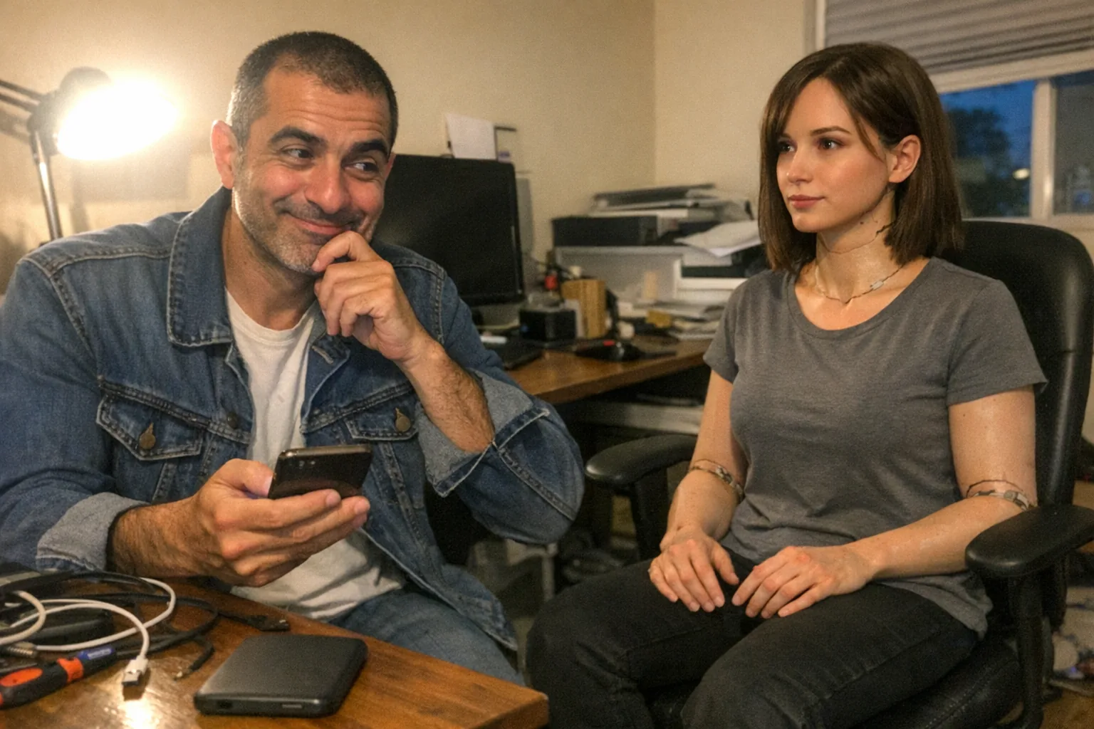 A candid iPhone snapshot in a cluttered home office at dusk, aggressively mediocre composition with awkward framing and slight motion blur, mildly overexposed desk lamp creating uneven lighting and visible noise/grain. Primary subject: a male in his mid-40s, Middle Eastern with olive skin tone, lean runner build, dark buzz cut, wearing workwear (denim jacket over a plain tee). He looks amused with a small grin and eyes crinkling, but also impatient (foot tapping) and thoughtful (one hand on chin) while glancing between his phone and a female-presenting humanoid robot sitting on a rolling office chair nearby. The robot looks realistic but clearly not perfect—slightly scuffed synthetic skin, visible seam lines at the neck, generic clothing. On the desk are scattered cables, a screwdriver, and a plain unbranded device case (no text, no logos). The scene feels like an ordinary person testing new tech at home, modern and plausible, non-explicit, no captions or watermarks.