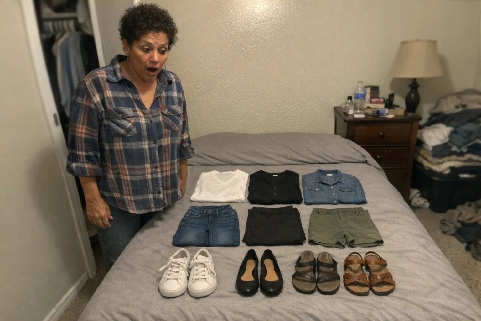 Realistic iPhone snapshot in a small, slightly cluttered bedroom: a mid-50s Latina woman with tan skin, slim build, coily hair in a short afro, wearing a slightly worn flannel work shirt, standing upright with relaxed shoulders but a surprised expression (wide eyes, slightly open mouth). She’s looking down at a bed where exactly nine clothing items are laid out in a neat 3x3 grid (three tops, three bottoms, three pairs of shoes) like a mini capsule wardrobe experiment. Awkward framing with part of the closet door cut off, slight motion blur from handheld shake, mildly overexposed ceiling light and uneven shadows, natural phone noise/grain, aggressively mediocre composition. No text, no logos, no brand names, no watermarks. Modern everyday setting, candid feel, imperfect and unremarkable but attention-grabbing because of the unusual “grid of outfits” on the bed.