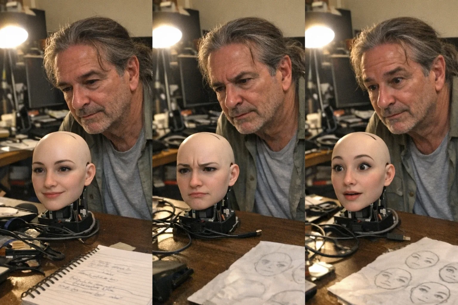 A candid iPhone snapshot in a cluttered home office: a White man in his early 60s with an olive skin tone and a dad-bod build, hair in a low ponytail with a few loose strands, wearing a simple tee and a lightweight overshirt. He looks tired (faint under-eye circles, slightly slouched) but confident (relaxed shoulders) and curious (leaning in with focused eyes) while examining a small female humanoid robot head on a desk that is cycling through different facial expressions (subtle changes in mouth and eyebrows). The desk has a messy notebook, scattered cables, and a slightly crumpled printout of simple face sketches that are partially out of frame and too blurry to read. Awkward framing, slight motion blur, uneven indoor lighting with mild overexposure near a desk lamp, visible phone noise/grain, aggressively mediocre composition, realistic and unpolished, no text, no logos, no watermarks, modern everyday setting.