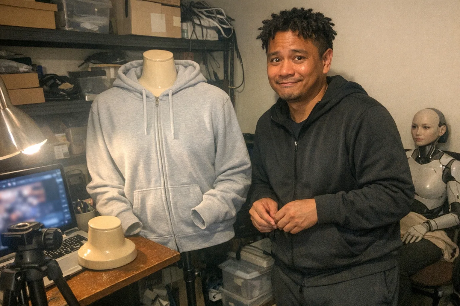 A realistic iPhone snapshot (not a studio photo) taken in a cramped home office workspace: a male in his late 30s, Southeast Asian with warm medium skin tone, average build, coily hair in twists, wearing athleisure (plain zip-up jacket and joggers). He looks awkward and slightly nervous—fidgety hands near a mannequin stand, tight hesitant smile—but with a calm, soft expression and mostly steady posture. In front of him is a hollow torso mannequin on a cheap stand wearing a plain hoodie, with one mannequin neck piece removed and set on a cluttered desk beside a camera tripod and a laptop showing a blurred editing interface (no readable text). Uneven indoor lighting from a desk lamp, mildly overexposed highlights on the hoodie, natural noise/grain, slight motion blur, aggressively mediocre composition, awkward framing cutting off part of the tripod. Background includes shelves with random boxes and cables; optionally a female humanoid robot bust sitting idle on a chair in the corner (non-explicit, fully clothed, neutral expression). No logos, no brand names, no captions, no watermarks.