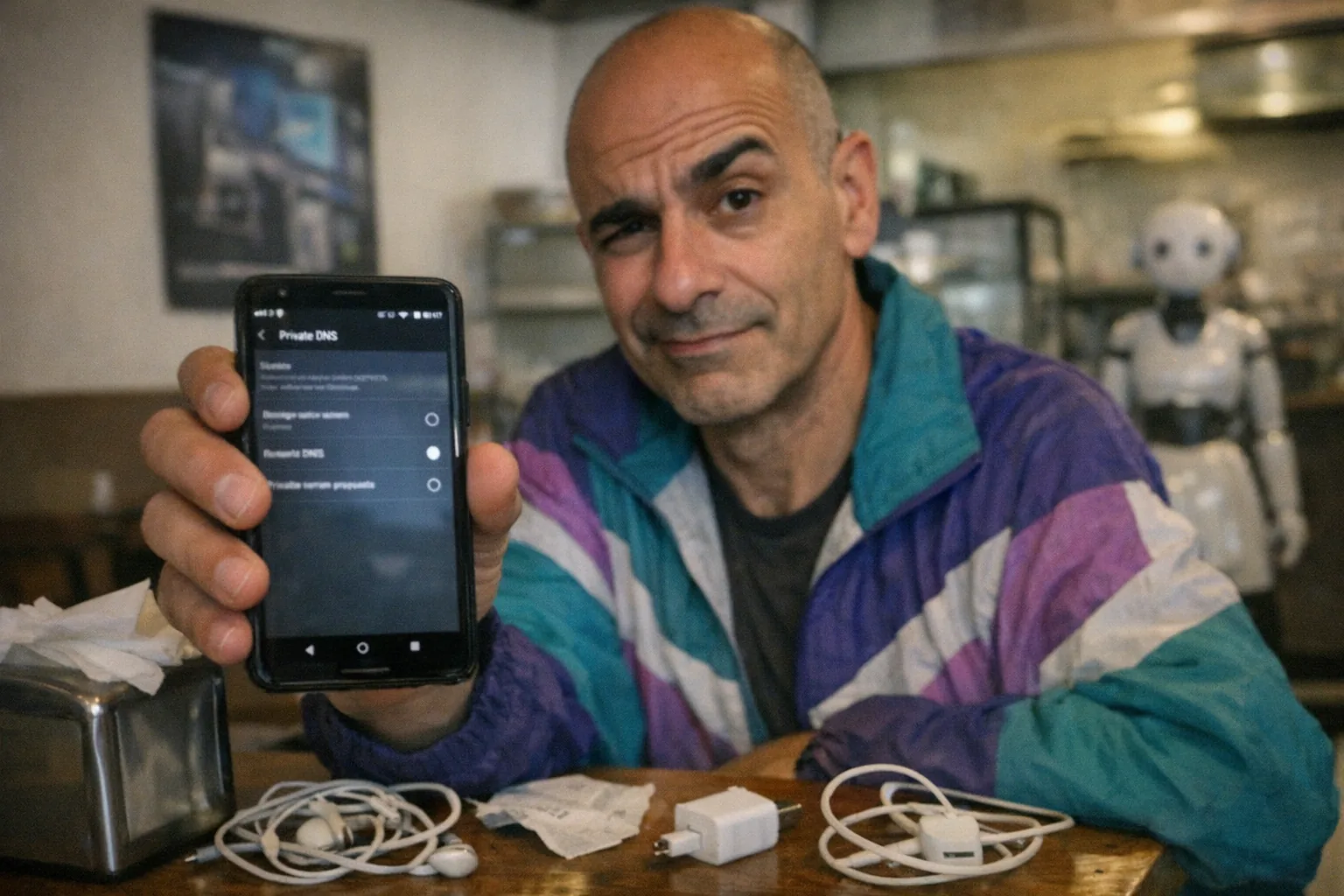 A realistic iPhone snapshot in a small cafe: a middle‑aged man in his mid 50s with Middle Eastern olive skin, lean runner build, shaved head, wearing a retro vintage windbreaker, holding an Android phone close to the camera with the Settings screen open (the “Private DNS” menu visible but not perfectly readable). His expression is skeptical with one raised eyebrow and a half‑smirk, posture steady and calm. On the table: a messy napkin holder, cheap earbuds, a crumpled receipt, and a generic phone charger. Background shows a slightly out‑of‑focus modern tech poster and a small non-branded female humanoid service robot in the corner near the counter. Awkward framing, slight motion blur, mildly overexposed uneven indoor lighting, natural noise/grain, aggressively mediocre composition, candid everyday feel. No text, no captions, no logos, no brand names.