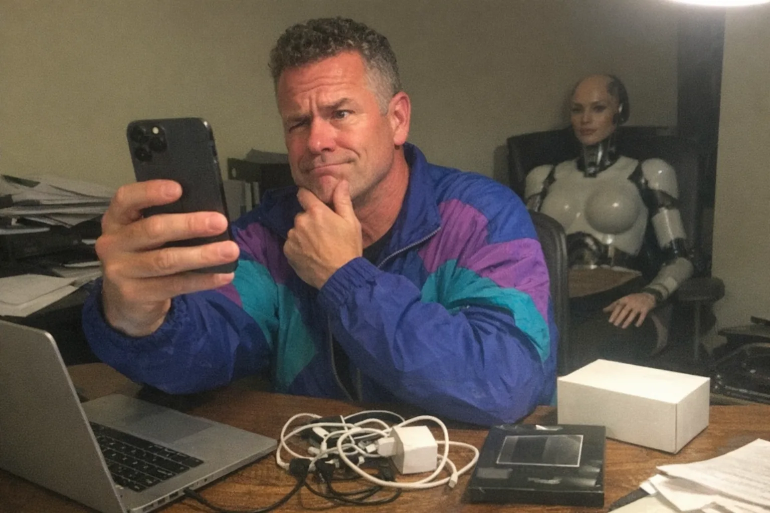Realistic iPhone snapshot, candid phone photo in a slightly messy home office at night. Primary subject: a white male in his mid-50s with fair skin and an athletic, broad-shouldered build, short tight curly hair, wearing a retro vintage windbreaker. He’s seated at a cluttered desk, holding his smartphone at arm’s length with a skeptical raised eyebrow and half-smirk, one hand on his chin like he’s thinking. On the desk: a laptop, a charging cable tangle, a small privacy screen filter package, and a plain, unbranded device box. In the background, partially visible and out of focus: a female humanoid robot companion head/torso on a chair (non-explicit, mannequin-like), adding intrigue. Awkward framing, slight motion blur, mildly overexposed lamp lighting with uneven shadows, natural noise/grain, aggressively mediocre composition, no text, no logos, modern realistic look.