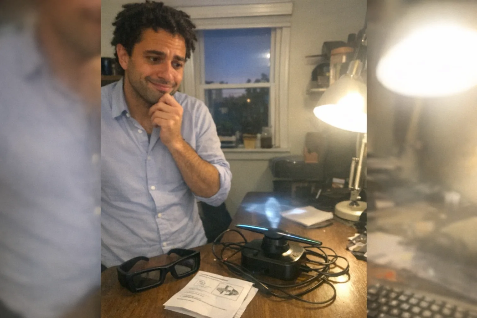 Realistic iPhone snapshot in a small home office at dusk: a slim white man in his mid-30s with olive skin tone and coily hair in twists, wearing a business-casual button-down shirt with rolled sleeves. He’s standing slightly hunched with an uncertain posture and a hesitant smile, looking thoughtful with one hand on his chin. On a cluttered desk sits a small “hologram projector” gadget (a generic LED hologram fan-style device) next to a pair of chunky 3D glasses and a folded instruction sheet, with cables loosely draped. The device is turned on, showing a faint floating-looking shape, but the room lighting makes it hard to see clearly. Awkward framing, mildly overexposed desk lamp, uneven lighting, slight motion blur, visible phone noise/grain, aggressively mediocre composition, candid modern photo. No text, no logos, no watermarks.