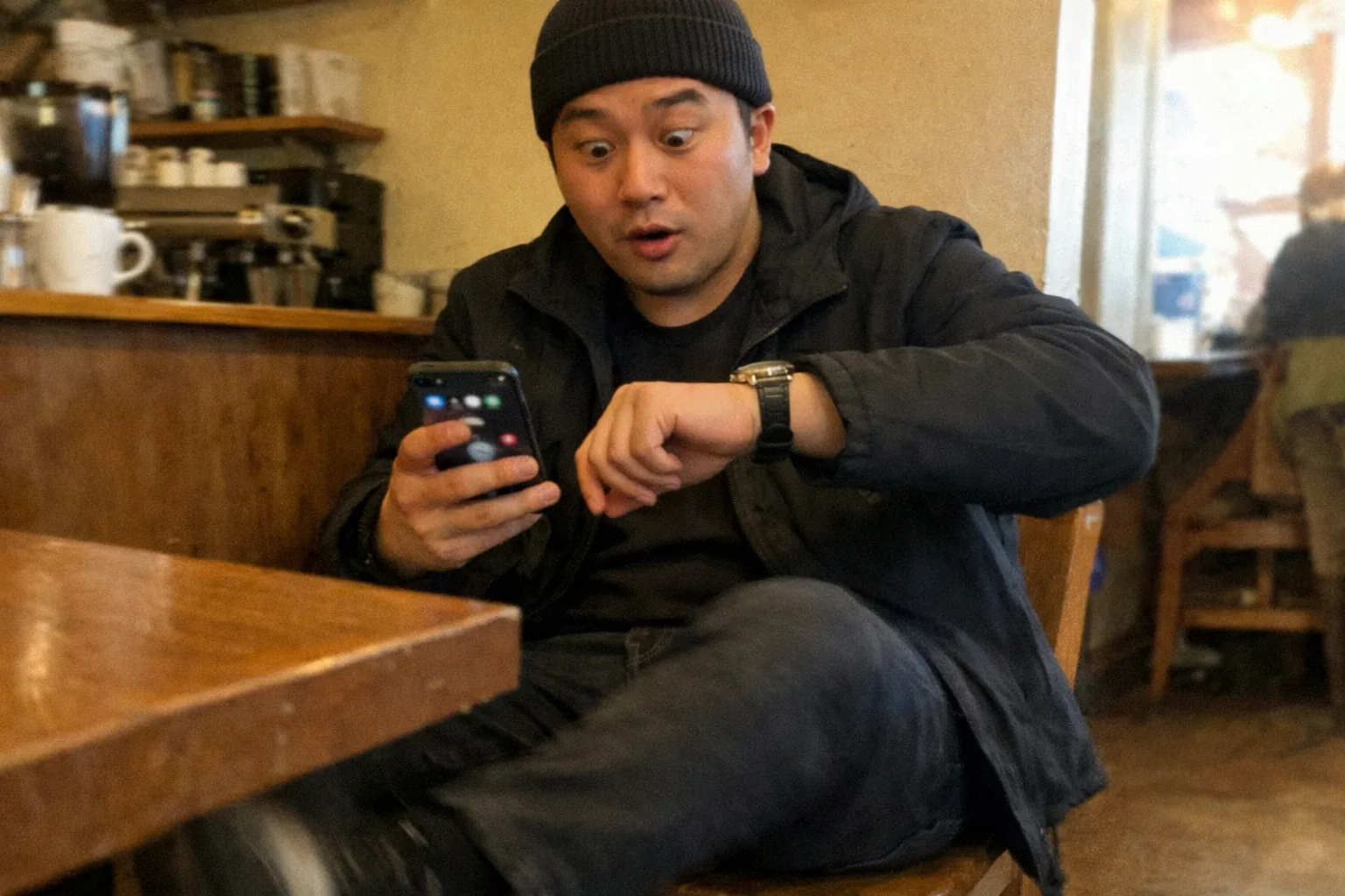 A candid iPhone snapshot in a small coffee shop with uneven warm lighting: a stocky East Asian man in his early 30s wearing a beanie and a minimalist monochrome outfit (black jacket, dark pants) sits at a table, surprised wide eyes and slightly open mouth, a small amused grin while impatiently tapping one foot and checking his phone and wristwatch. The phone screen is visible but out of focus with indistinct app-like icons and notification shapes (no readable text). Awkward framing with the table edge cutting into the foreground, slight motion blur from his moving foot, mildly overexposed highlights near the window, natural grain/noise, aggressively mediocre composition, modern everyday realism, no logos, no captions, no watermarks.
