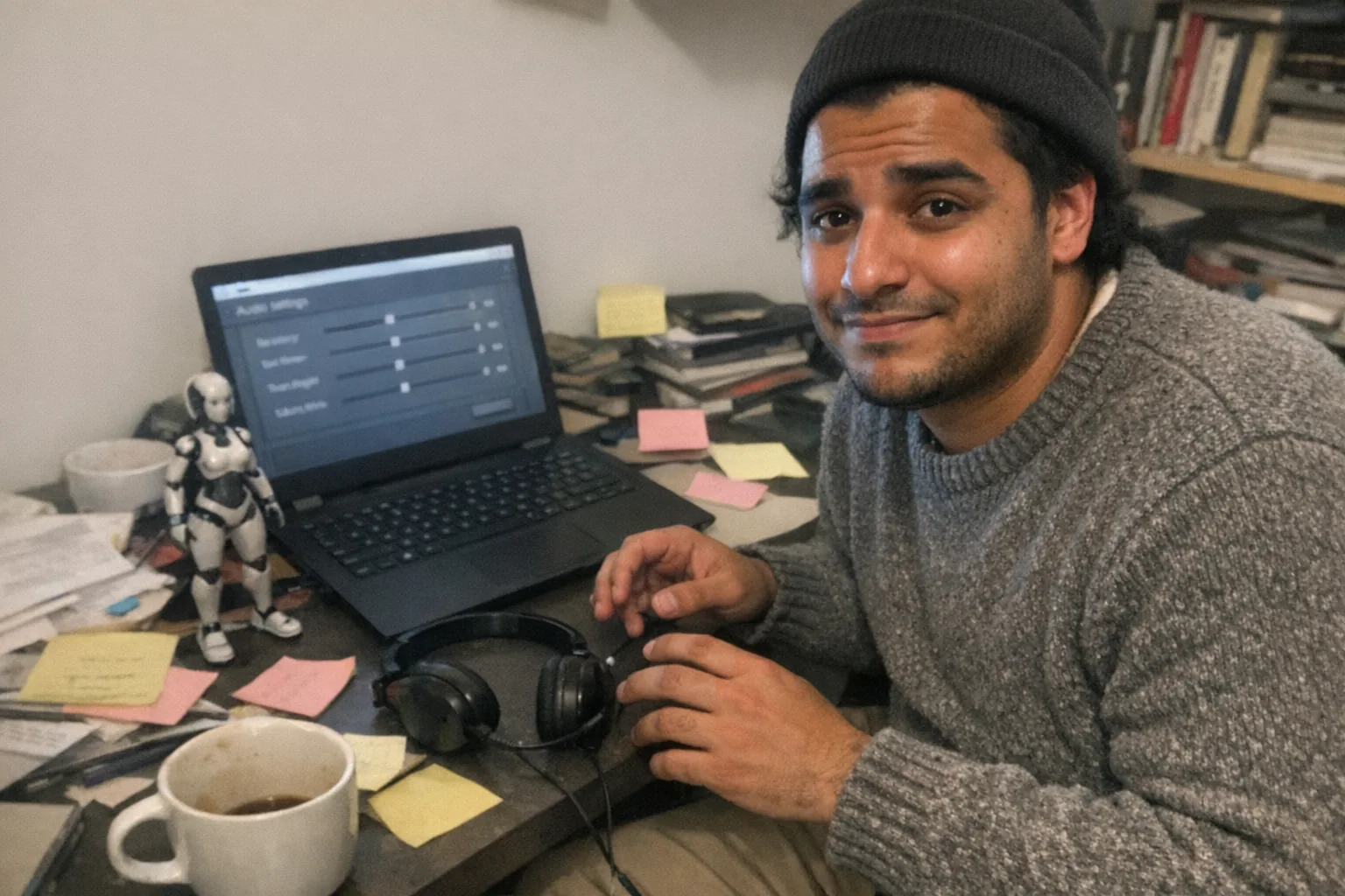 A candid iPhone snapshot in a small home office: a stocky North African man in his mid-20s with warm brown skin, medium-length hair under a beanie, wearing a smart-casual knit sweater and chinos, sitting slightly slouched at a cluttered desk with faint under-eye circles and a tight, nervous smile, fidgety hands hovering near a cheap USB headset and a laptop. The laptop screen shows a generic audio settings panel with voice effect sliders (no readable text, no brand UI). On the desk there’s a random cheap-looking small female humanoid robot figurine and scattered sticky notes, plus a half-empty coffee cup. Awkward framing, slight motion blur, mildly overexposed uneven lamp lighting, natural grain/noise, aggressively mediocre composition, modern realistic photo, no logos, no watermarks, no captions.