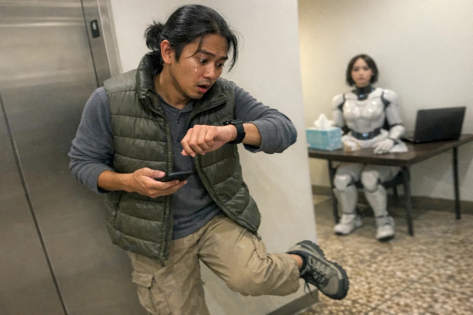 A candid iPhone snapshot in a busy apartment hallway near an elevator, awkward framing and aggressively mediocre composition, slight motion blur and natural grain, mildly overexposed overhead lighting. Primary subject: a Southeast Asian man in his late 20s with a slim build and warm medium skin tone, hair in a low ponytail with a few loose strands, wearing an outdoorsy puffer vest and hiking shoes. He looks tired (slouched posture, faint under-eye circles), impatient (foot tapping while checking his phone/watch), and surprised (wide eyes, slightly open mouth). In the background, slightly out of focus, a female humanoid robot demo unit sits on a small table next to a box of tissues and a laptop with the screen turned away (no readable text). The moment feels emotionally charged but non-explicit, like he just received unexpected news, with a single tear on his cheek. No logos, no brand names, no captions, modern realistic photo.