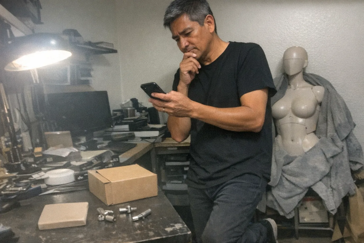 Realistic iPhone snapshot in a small home office/workshop: a tall, lanky Indigenous man in his mid-40s with warm tan skin, short tidy gray hair, wearing a minimalist monochrome outfit (black tee and dark pants), looking thoughtful with hand on chin and a slightly impatient posture (one foot tapping) while checking a phone. On a cluttered desk: a neutral-colored silicone material sample, a few small metal joints/tools, a plain cardboard shipping box, and a partially covered, non-explicit female-shaped mannequin/robot torso in the background (shoulders and head visible, draped with a blanket). Awkward framing, slight motion blur, mildly overexposed uneven lighting from a desk lamp, natural phone noise/grain, aggressively mediocre composition, candid everyday vibe, no text, no logos, no watermarks.