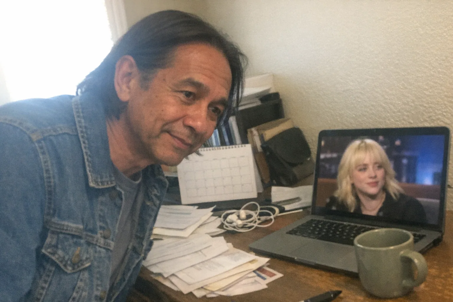 Realistic iPhone snapshot, aggressively mediocre composition: a candid, slightly awkward moment in a small home office where a mid-50s mixed-race man (medium skin tone), slim build, shoulder-length straight hair tucked behind his ears, wearing a denim jacket over a plain tee, leans in with a hesitant smile and focused eyes toward a laptop. On the laptop screen is a slightly blurred, recognizable image of Billie Eilish from a talk-show style video (no readable text, no captions). The desk is cluttered with everyday items—generic paperwork, a plain calendar with blank squares, tangled earbuds, a muted coffee mug—suggesting someone fact-checking a celebrity rumor. Awkward framing (subject slightly off-center), slight motion blur, mildly overexposed window light and uneven indoor lighting, natural phone noise/grain. No logos, no watermarks, no brand names.