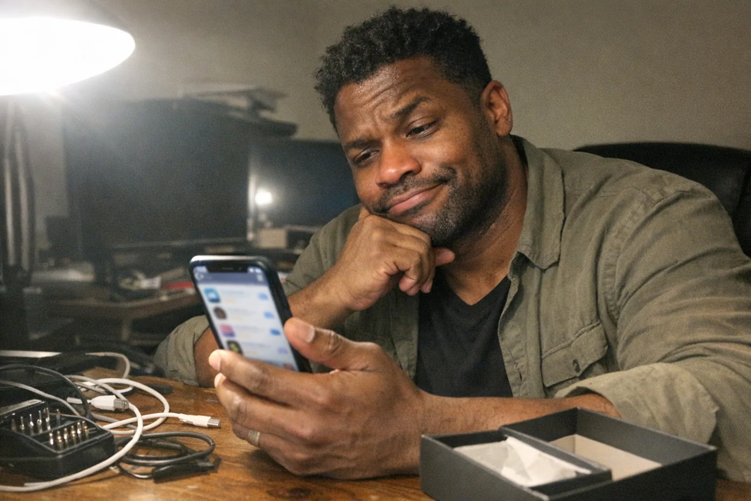 Realistic iPhone snapshot, candid phone photo in a slightly messy home office at night: a late-30s Black man (dark brown skin), muscular build (not bodybuilder), short wavy slightly messy hair, wearing a simple tee with a lightweight overshirt, slouched and tired with faint under-eye circles. He’s holding his phone in one hand and resting the other hand on his chin, skeptical raised eyebrow and half-smirk, staring thoughtfully at the screen. The phone screen content is slightly out of focus and unreadable (no text visible), but it’s clearly an app-store-like layout. On the desk: scattered charging cables, a small screwdriver kit, and an unbranded sleek device box partially opened (non-explicit). Awkward framing, slight motion blur, mildly overexposed desk lamp with uneven lighting, natural noise/grain, aggressively mediocre composition, modern everyday realism. No logos, no brand names, no watermarks.