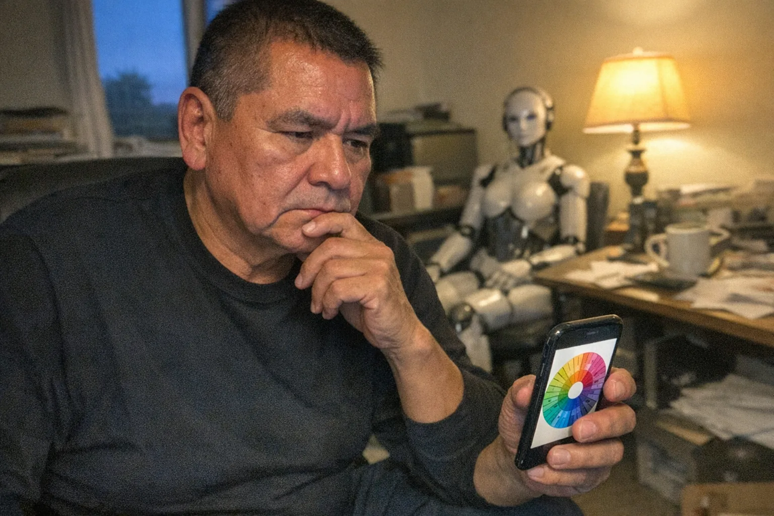 A candid iPhone snapshot in a slightly messy home office at dusk: an Indigenous man in his early 60s with warm tan skin, average build, dark buzz cut, wearing a minimalist monochrome outfit (plain black crewneck and dark pants). He looks determined and thoughtful (set jaw, intent gaze) with one hand on his chin while staring at a phone showing a colorful emotions wheel (screen visible but no readable text). In the background, slightly out of focus, a female humanoid robot sits on a chair near a desk lamp, adding an intriguing tech-meets-emotions vibe. Awkward framing, slight motion blur, mildly overexposed lamp lighting with uneven shadows, visible phone-camera grain/noise, aggressively mediocre composition, modern realistic setting, no logos, no captions, no watermarks, non-explicit.