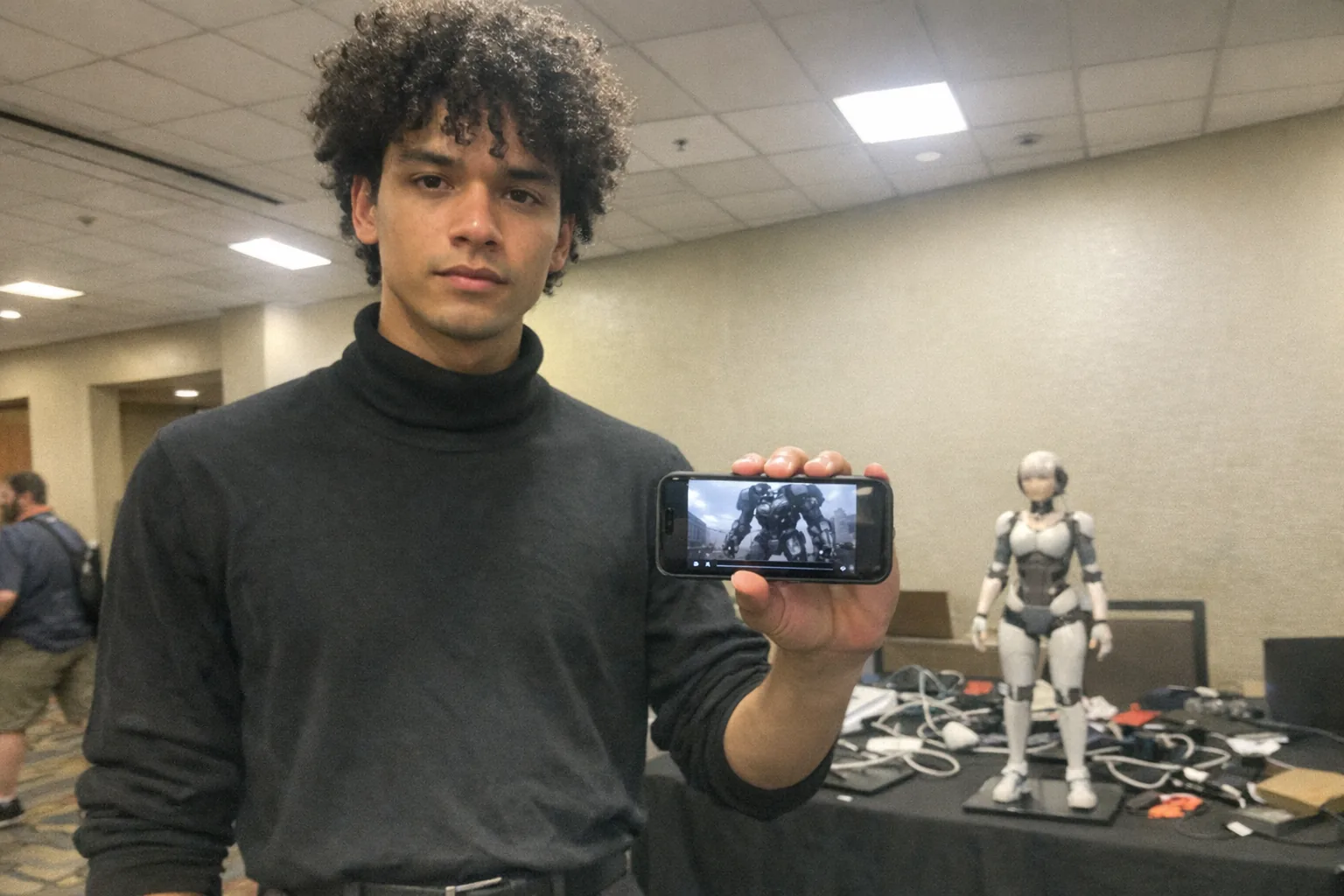 A candid iPhone snapshot in a conference hallway with uneven fluorescent lighting, mildly overexposed highlights, natural phone noise/grain, slightly awkward framing and slight motion blur. Primary subject: a male in his early 20s, mixed-race with medium skin tone, slim build, medium-length curly hair with natural volume, wearing a minimalist monochrome outfit (black turtleneck and dark trousers), calm soft expression but determined set jaw and intent gaze. He’s holding a phone showing a paused video of a giant robot/mecha (no readable text on screen), while in the background there’s a cluttered demo table with a small, generic female humanoid robot prototype (non-explicit, fully clothed, plastic shell) and scattered cables/tools. Aggressively mediocre composition, real-world vibe, no logos, no brand names, no watermarks, no captions.
