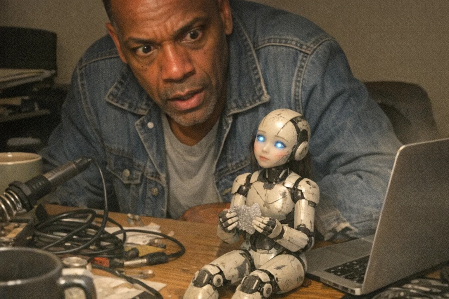 Realistic iPhone snapshot, candid phone photo in a cluttered home office at night, awkward framing and aggressively mediocre composition, slight motion blur and uneven warm lamp lighting with visible noise/grain. Primary subject: a Black man in his early 50s with medium-brown skin, lean runner build, dark buzz cut, wearing workwear (denim jacket over a plain tee). His expression shows both determined intent (set jaw, intent gaze) and surprise (wide eyes, slightly open mouth) as he looks down at a small female humanoid robot sitting on a messy desk. The female robot looks slightly scuffed and imperfect (minor scratches, slightly crooked head tilt), with a gentle face and soft LED eyes, holding a tiny torn piece of bubble wrap like it’s “injured.” Background includes scattered cables, a soldering iron, a mug, and a half-open laptop; no text, no logos, no brand names; modern everyday setting, non-explicit.