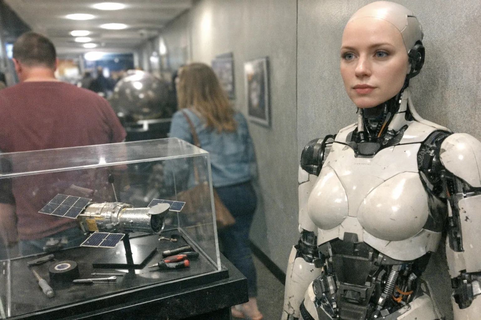 A realistic iPhone snapshot in a crowded science-museum hallway: a slightly scuffed, life-size female humanoid robot demo unit standing near a glass display case with a small metallic space-telescope model and some scattered tools; candid phone photo with awkward framing (robot partly cut off), slight motion blur, mildly overexposed overhead lighting, uneven white balance, natural grain/noise, aggressively mediocre composition; background includes a few out-of-focus visitors and exhibits but no readable text, no logos, no brand names, no watermarks; modern, plausible, non-explicit scene