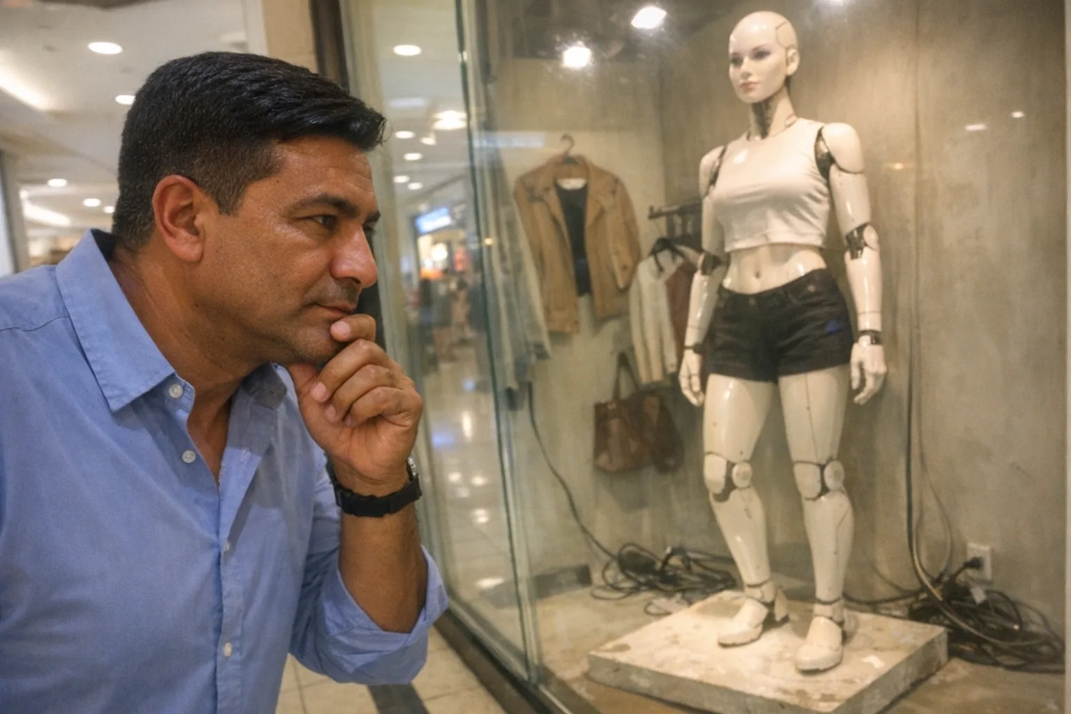 Casual iPhone snapshot in a shopping mall corridor, aggressively mediocre composition with awkward framing and slight motion blur. A late-40s North African man with warm brown skin tone and an athletic, broad-shouldered build stands close to a boutique window display, leaning in with focused eyes and a thoughtful hand-on-chin pose; calm expression. He has straight, neat, side-parted hair and wears a business-casual button-down shirt with rolled sleeves. Behind the glass, a female human-like mannequin/robot figure stands on a platform under uneven spotlights, with subtle joints visible and slightly scuffed display base, surrounded by ordinary clothing props and a messy cable corner. Mildly overexposed highlights from mall lighting, natural phone noise/grain, realistic imperfect details, no text, no logos, no watermarks.