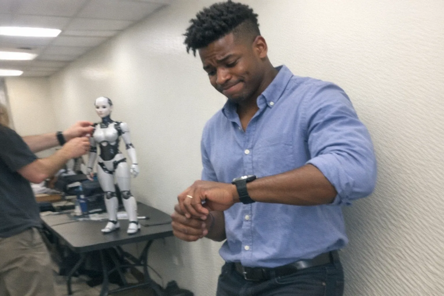 A candid iPhone snapshot in a slightly cramped coworking space or conference hallway: a mid-20s Black man with dark brown skin tone, muscular build (not a bodybuilder), undercut with textured top, wearing a business-casual button-down shirt with sleeves rolled up. He looks awkward and nervous (hesitant tight smile, fidgety hands) and impatient (one foot tapping, glancing at his phone/watch). In the background on a folding table sits a small humanoid robot portrayed as female (subtly feminine face shape and proportions), posed in a neutral stance while someone off-frame adjusts it. The framing is awkward and slightly tilted, mild motion blur, uneven fluorescent lighting, a bit overexposed on the white walls, visible phone-camera noise/grain, aggressively mediocre composition. No readable text anywhere, no logos, no watermarks.