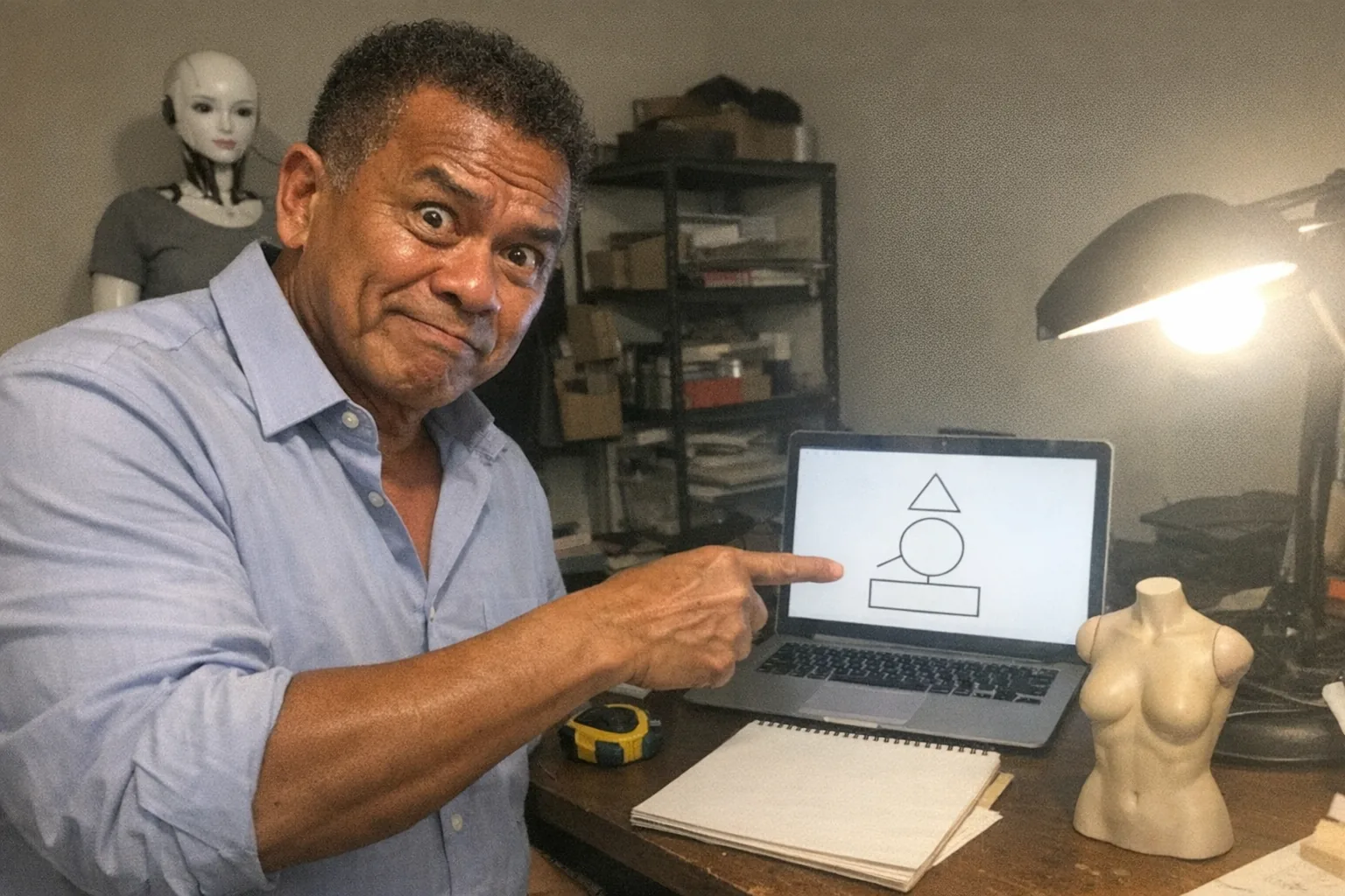 A candid iPhone snapshot in a slightly messy home office workspace: a Southeast Asian man in his early 60s with a warm medium skin tone and a muscular (not bodybuilder) build stands near a desk, wearing a business-casual button-down shirt with rolled sleeves. He has short tight-curly hair. His expression mixes surprised wide eyes, a skeptical raised eyebrow with a half-smirk, and a determined set jaw as he points at a laptop showing a simple unlabeled shape diagram (no readable text). On the desk are a tape measure, a sketchpad with blank pages, and a small neutral-colored 3D-printed mannequin torso model (non-explicit). In the background, slightly out of focus, is a female-styled humanoid robot mannequin in casual clothing standing near a shelf. Awkward framing, slightly motion-blurred hand gesture, mildly overexposed uneven desk lamp lighting, visible phone noise/grain, aggressively mediocre composition, realistic imperfect everyday photo, no logos, no captions, no watermarks.