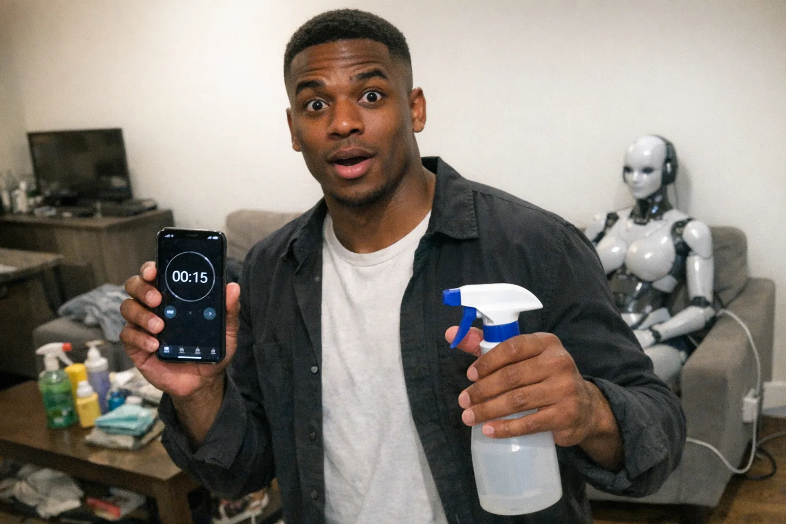 A realistic iPhone snapshot in a slightly messy modern apartment living room, aggressively mediocre composition with awkward framing and slight motion blur, mildly overexposed uneven indoor lighting and visible natural noise/grain. Primary subject: a male in his mid-20s, Black with dark brown skin tone, athletic build with broad shoulders, close-cropped fade dark hair, wearing tech-casual clothes (simple tee with a lightweight overshirt). He looks surprised (wide eyes, slightly open mouth) but confident (upright posture, relaxed shoulders) while holding a phone timer app open in one hand and a generic spray bottle or microfiber cloth in the other. In the background: a cluttered coffee table with cleaning supplies, a small pile of laundry, and a non-explicit, female-presenting humanoid robot mannequin/AI companion figure seated near a charging cable (no brand names, no logos), suggesting tech-device upkeep. No text, no watermarks, no captions, candid phone photo vibe.